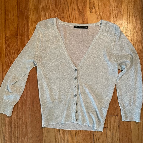 The Limited Tops - Shimmery silver light weight dressy button up top/layer.